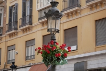 Alte Straßenlaterne mit Blumen darunter